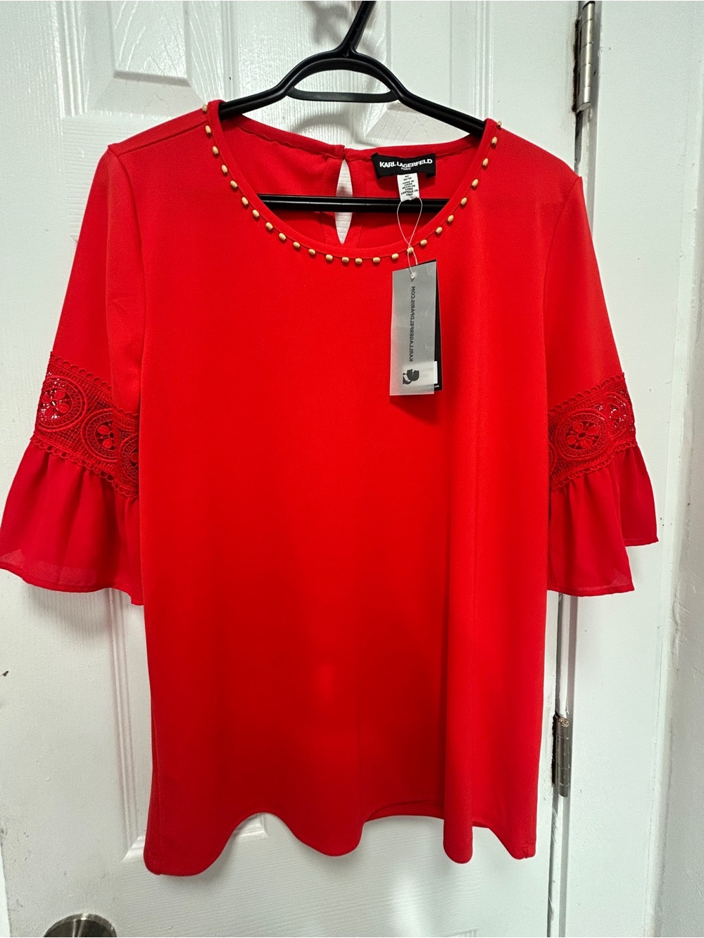 Karl Lagerfeld Vibrant Red Stud-Neck Lace Bell Sleeve Blouse